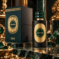 French Avenue Unknown Absolus Les Extraits — Botol minyak wangi hitam berlabel emas dan penutup bertatah permata hijau, bersebelahan kotak hijau gelapnya, di atas permukaan marmar dengan perincian kristal emas dan hijau.