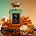 Bujairami Vanilla Dream Eau de Parfum — A glass perfume bottle with a gold cap, surrounded by vanilla beans, orchids, whipped cream, and caramel sauce against a gradient background.