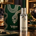 French Avenue Vulcan Vox 100ml EDP Unisex — Kotak hijau corak ular emas dan botol minyak wangi sepadan dengan aksesori ular, di atas meja bersama buku nota dan pen.