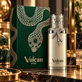 French Avenue Vulcan Vox — Botol minyak wangi emas dengan ular perak melilit lehernya, bersebelahan kotak hijau gelap berhias ular emas. Kedua-duanya memaparkan logo Vulcan Vox.