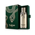 French Avenue Vulcan Vox — Kotak hijau mewah rekaan ular emas, menampilkan botol minyak wangi emas dengan ular melilit lehernya, berlatar belakang putih.
