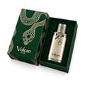 French Avenue Vulcan Vox oleh French Avenue 100ml EDP Unisex — Kotak hadiah hijau reka bentuk ular emas, dibuka tunjuk botol emas berhias ular dan penutup, latar putih.