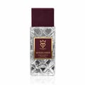 Bujairami Woodlands Extrait de Parfum 100ml — Clear faceted glass bottle with a deep maroon cap, featuring a gold-bordered maroon label with a crown and 'B' logo.