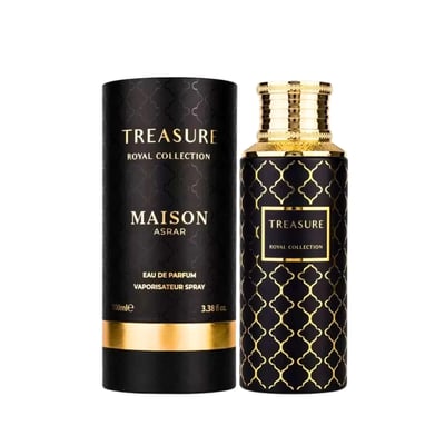 Maison Asrar Treasure by Maison Asrar 100ml EDP Unisex — Black cylindrical box and matching perfume bottle with gold geometric pattern and gold cap, set against a white background.