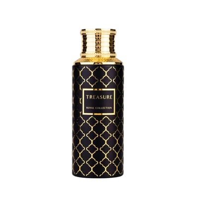 Maison Asrar Treasure by Maison Asrar 100ml EDP Unisex — Black bottle with gold geometric pattern and gold fluted cap, label reads TREASURE ROYAL COLLECTION
