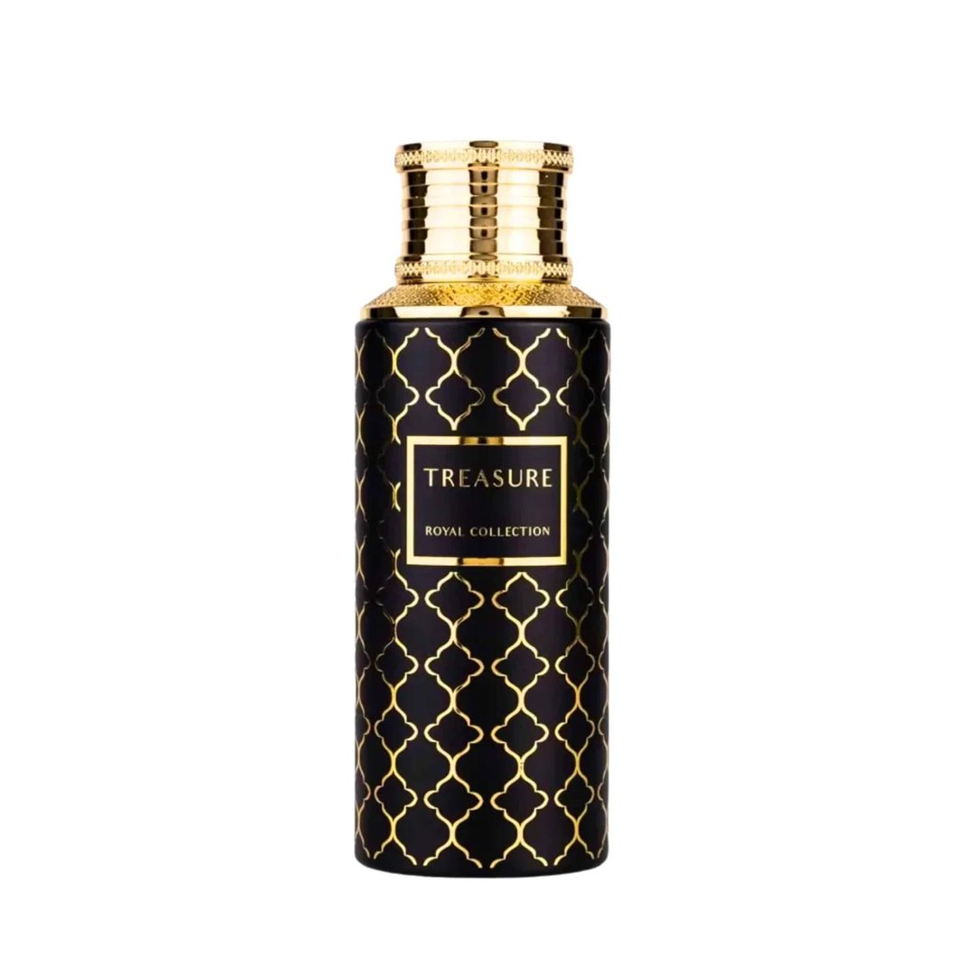 Maison Asrar Treasure by Maison Asrar 100ml EDP Unisex — Botol hitam corak geometri emas dan penutup berlubang emas, label tertulis TREASURE ROYAL COLLECTION