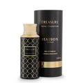 Maison Asrar Treasure Royal Collection Eau de Parfum — Botol minyak wangi hitam corak geometri emas dan penutup emas, bersebelahan kotak silinder hitam padanannya dengan corak dan tulisan emas.