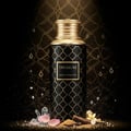 Treasure by Maison Asrar 100ml EDP Unisex — Botol hitam corak geometri emas, penutup emas, dikelilingi kristal, kelopak mawar, batang vanila, dan gula perang.