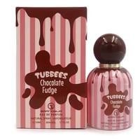 Tubbees Chocolate Fudge by Grandeur 50ml EDP — A perfume bottle and its box, both decorated with pink and white stripes and chocolate fudge drips. The box is on the left, the bottle on the right. | Tubbees Chocolate Fudge by Grandeur 50ml EDP — Botol minyak wangi dan kotaknya, kedua-duanya dihiasi dengan jalur merah