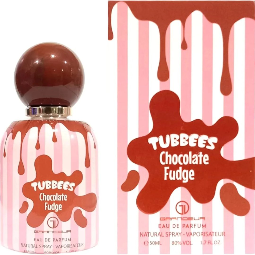Grandeur Tubbees Chocolate Fudge Eau de Parfum — A perfume bottle with a chocolate-brown spherical cap and a pink and white striped body, decorated with dripping chocolate-like patterns. Next to it is the product's packaging with similar design elements. | Grandeur Tubbees Chocolate Fudge Eau de Parfum — Botol minyak