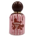 Grandeur Tubbees Chocolate Fudge 50ml EDP — A pink and white striped perfume bottle with chocolate drizzle design and a dark brown spherical cap. | Grandeur Tubbees Chocolate Fudge 50ml EDP — Botol minyak wangi berjalur merah jambu dan putih dengan rekaan titisan coklat dan penutup sfera coklat gelap.