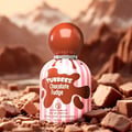 Grandeur Tubbees Chocolate Fudge by Grandeur 50ml EDP — A striped perfume bottle with a chocolate-splatter design and a round cap, surrounded by chocolate chunks and rocks. | Grandeur Tubbees Chocolate Fudge by Grandeur 50ml EDP — Botol minyak wangi berjalur dengan rekaan percikan coklat dan penutup bulat, dikelilingi
