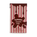 Grandeur Tubbees Chocolate Fudge by Grandeur 50ml EDP — A pink and white striped perfume box with chocolate drips and a chocolate splash graphic featuring the text 'TUBBEES Chocolate Fudge'. | Grandeur Tubbees Chocolate Fudge by Grandeur 50ml EDP — Kotak pewangi berjalur merah jambu dan putih dengan titisan coklat dan