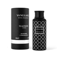 Maison Asrar Vanguard by Maison Asrar 100ml EDP Unisex — Black cylindrical box and black perfume bottle with white geometric pattern, both featuring gold text.