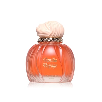 Maison Asrar Vanilla Voyage by Maison Asrar 100ml EDP Unisex — A round, fluted orange glass perfume bottle with a textured cream cap and a braided gold collar, set against a white background.