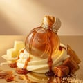 Maison Asrar Vanilla Voyage by Maison Asrar 100ml EDP Unisex — Botol minyak wangi kaca berisi cecair perang, disimbahi karamel, terletak di atas putaran krim vanila, dikelilingi kiub mentega, gula-gula karamel, dan serpihan karamel.