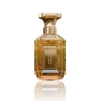 Velixir Adonis 100ml EDP — A tall, faceted gold glass perfume bottle with a gold cap, standing upright on a reflective surface against a white background. | Velixir Adonis 100ml EDP — Botol minyak wangi kaca emas berfaset tinggi dengan penutup emas, berdiri tegak di atas permukaan reflektif berlatar belakang putih.