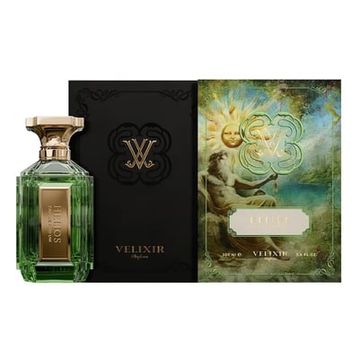 Velixir Helios 100ml EDP — Green glass perfume bottle with gold accents and ornate black and illustrated boxes | Velixir Helios 100ml EDP — Botol kaca hijau dengan aksen emas dan kotak hitam berhias serta bergambar