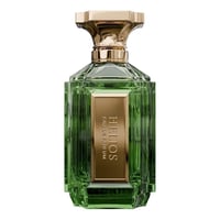 Velixir Helios 100ml EDP — A tall, faceted green glass perfume bottle with a gold cap and a gold label. | Velixir Helios 100ml EDP — Botol minyak wangi kaca hijau berfaset tinggi dengan penutup emas dan label emas.