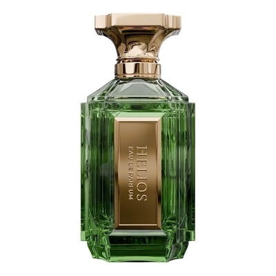 Velixir Helios 100ml EDP — A tall, faceted green glass perfume bottle with a gold cap and a gold label. | Velixir Helios 100ml EDP — Botol minyak wangi kaca hijau berfaset tinggi dengan penutup emas dan label emas.