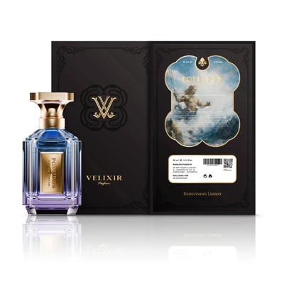 Velixir Poseidon 100ml EDP — A blue and purple gradient glass perfume bottle with a gold cap stands to the left, next to its black packaging with gold accents and a depiction of Poseidon. | Velixir Poseidon 100ml EDP — Botol kaca pewangi gradien biru dan ungu dengan penutup emas berdiri di sebelah kiri, bersebelahan