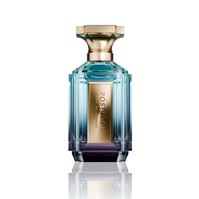 Velixir Poseidon 100ml EDP — A rectangular glass perfume bottle with a gradient of blue and purple hues, featuring a gold label with "POSEIDON" text and a faceted gold cap, set against a white background with a reflection. | Velixir Poseidon 100ml EDP — Botol minyak wangi kaca berbentuk segi empat dengan gradien warna