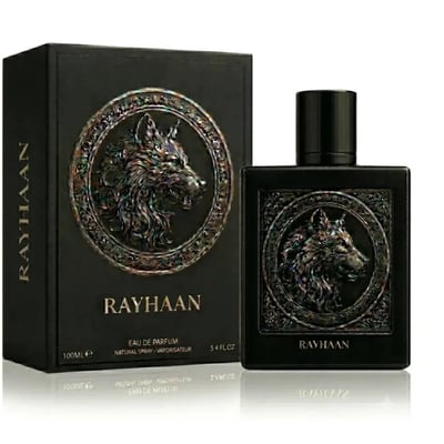Rayhaan Wolf by Rayhaan 100ml EDP for Men — Black perfume box and bottle featuring a detailed embossed wolf head emblem with iridescent accents, set against a white background.