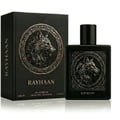 Rayhaan Wolf by Rayhaan 100ml EDP for Men — Black perfume box and bottle featuring a detailed embossed wolf head emblem with iridescent accents, set against a white background.