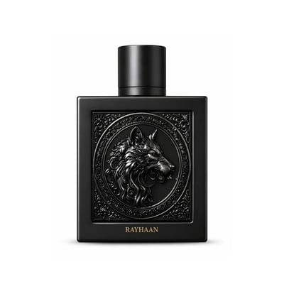 Rayhaan Wolf by Rayhaan 100ml EDP for Men — A black square perfume bottle with a detailed embossed wolf head design on the front and the brand name 'RAYHAAN' at the bottom.