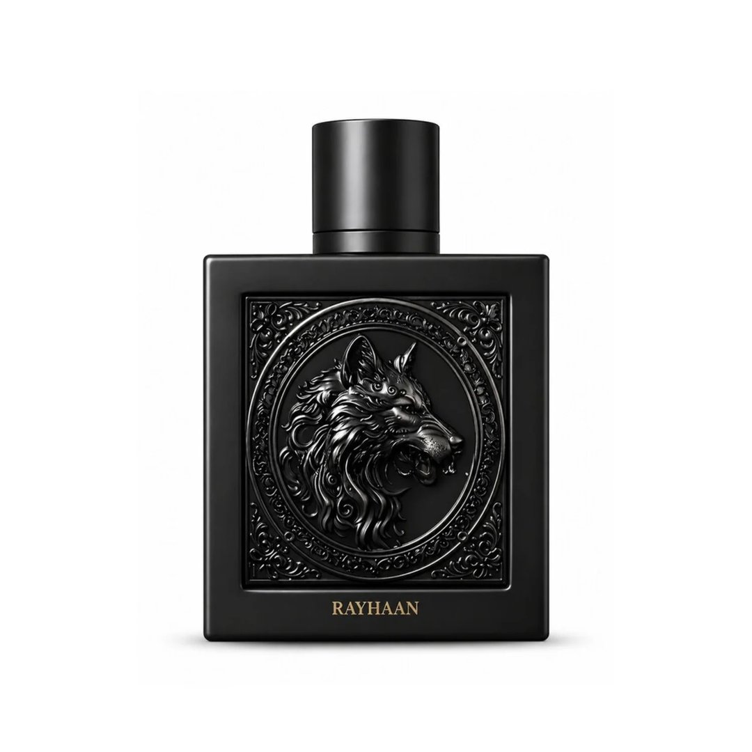 Rayhaan Wolf by Rayhaan 100ml EDP for Men — A black square perfume bottle with a detailed embossed wolf head design on the front and the brand name 'RAYHAAN' at the bottom.