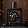 Rayhaan Wolf by Rayhaan 100ml EDP for Men — Black perfume bottle with a detailed wolf head emblem on the front, set on a marble surface with bokeh lights in the background.