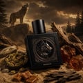 Rayhaan Wolf by Rayhaan 100ml EDP for Men — Black perfume bottle with wolf emblem, set against a rocky, forested landscape with a wolf howling on a cliff.