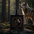 Rayhaan Wolf by Rayhaan 100ml EDP for Men — Black perfume bottle with a wolf emblem, standing on mossy rocks in a forest with a wolf beside it.